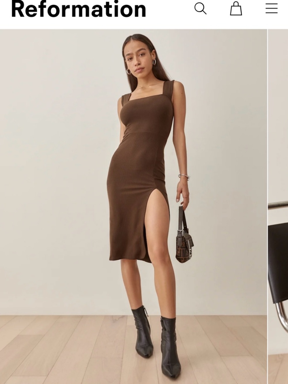 Reformation Green Square-Neck Midi Dress with High Side Slit